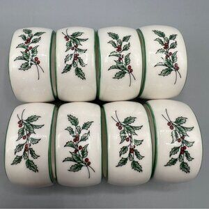 Set Of 8 Nikko ChristmasTime Napkin Rings With Holly Berry Design